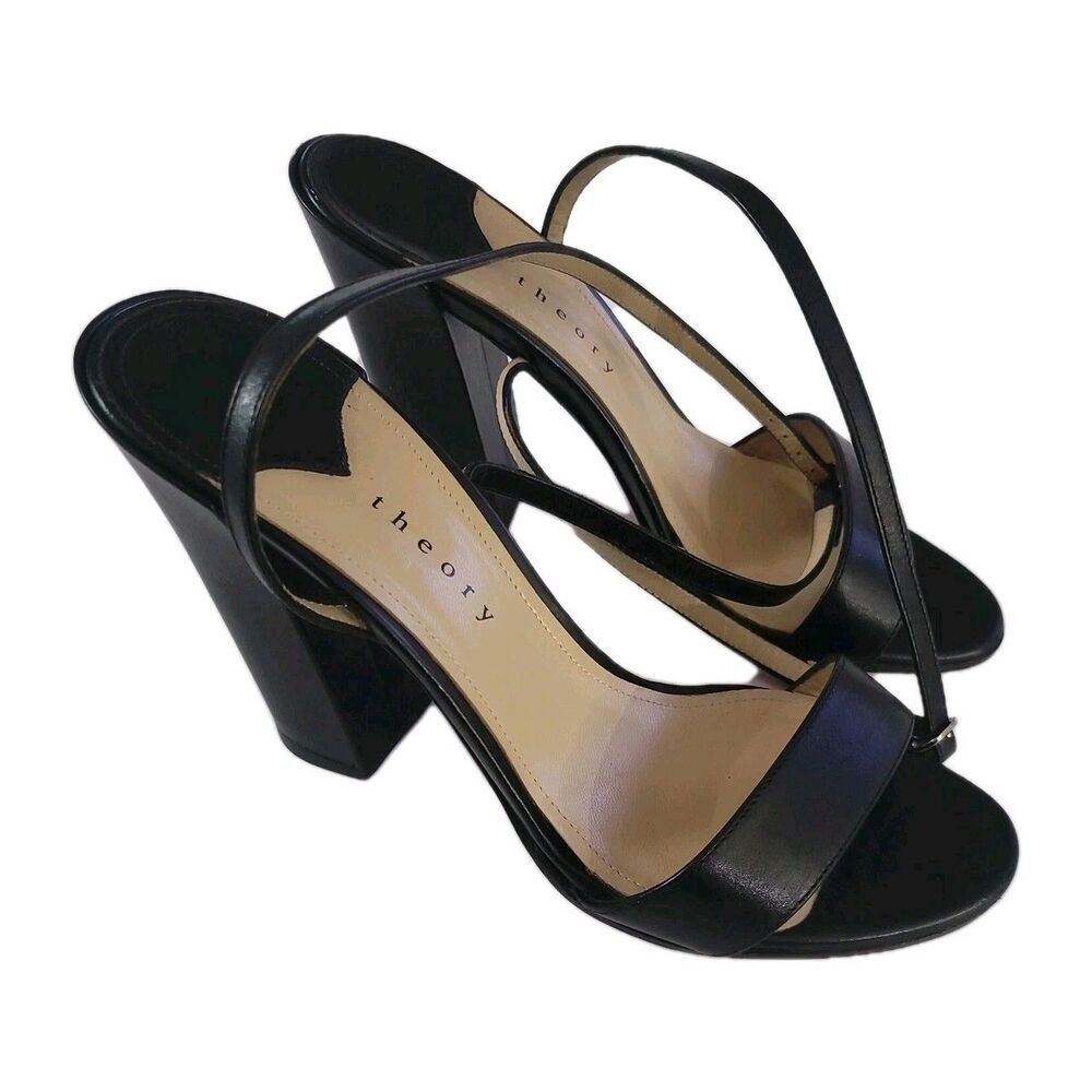 Theory Women's Buckled Block Heel Strappy Sandal Leather Black US Sz 6